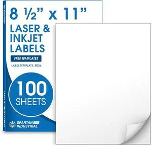 8.5" X 11" Matte White Full Sheet Labels (100 Sheets, 100 Stickers) Printable Sticker Paper for Laser & Inkjet Printers - Spartan Industrial Template R026 8.5" X 11" Matte White Full Sheet Labels (100 Sheets, 100 Stickers) Printable Sticker Paper for Laser & Inkjet Printers - Spartan Industrial Template R026
