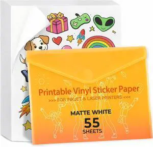 JANDJPACKAGING Printable Vinyl for Inkjet Printer - 55 Pack Matte White Printable Vinyl Sticker Paper Dries Quickly Vivid Colors, Holds Ink Well, Tear Resistant, Inkjet & Laser Printer JANDJPACKAGING Printable Vinyl for Inkjet Printer - 55 Pack Matte White Printable Vinyl Sticker Paper Dries Quickly Vivid Colors, Holds Ink Well, Tear Resistant, Inkjet & Laser Printer