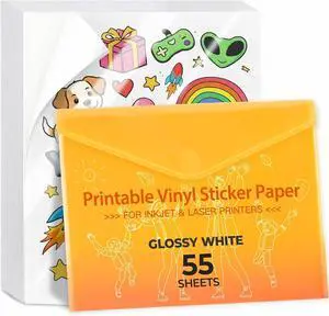 JANDJPACKAGING Premium Printable Vinyl Sticker Paper - for Inkjet and Laser Printer - 55 Pack Glossy White Waterproof Inkjet Printable Vinyl - Dries Quickly and Holds Ink Beautifully JANDJPACKAGING Premium Printable Vinyl Sticker Paper - for Inkjet and Laser Printer - 55 Pack Glossy White Waterproof Inkjet Printable Vinyl - Dries Quickly and Holds Ink Beautifully