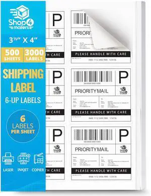Shop4Mailers 6-Up White Permanent Self Adhesive Shipping Labels 3 1/3 x 4 Easy Peel Stickers for Laser & Inkjet Printers - 500 Sheets - 3,000 Count Labels Shop4Mailers 6-Up White Permanent Self Adhesive Shipping Labels 3 1/3 x 4 Easy Peel Stickers for Laser & Inkjet Printers - 500 Sheets - 3,000 Count Labels