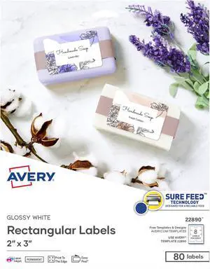 Avery Glossy White Labels, Sure Feed Technology, 2" x 3" Rectangle Labels, Print-to-The-Edge, Laser/Inkjet, 80 Total (22890) Avery Glossy White Labels, Sure Feed Technology, 2" x 3" Rectangle Labels, Print-to-The-Edge, Laser/Inkjet, 80 Total (22890)
