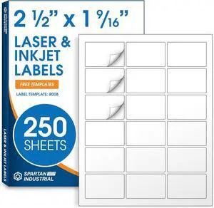 2.5" X 1.563" Matte White Printable Product Labels (250 Sheets, 4500 Stickers) Bottle and Jar Labels, Packaging Stickers for Laser & Inkjet Printers - Spartan Industrial Template R008 2.5" X 1.563" Matte White Printable Product Labels (250 Sheets, 4500 Stickers) Bottle and Jar Labels, Packaging Stickers for Laser & Inkjet Printers - Spartan Industrial Template R008