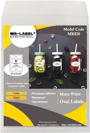 Mr-Label 2" x 3-1/3" Oval White Synthetic Paper Sticker Label - Waterproof and Tear-Resistant - for Inkjet & Laser Printer - for Gift Decoration|Hand Craft (100 Sheets Total 800 Labels) Mr-Label 2" x 3-1/3" Oval White Synthetic Paper Sticker Label - Waterproof and Tear-Resistant - for Inkjet & Laser Printer - for Gift Decoration|Hand Craft (100 Sheets Total 800 Labels)
