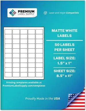 Premium Label Supply White Sticker Barcode Labels 1.5" x 1" Laser/Inkjet Compatible (50 per Sheet), 100 Sheets 5000 Total Adhesive Labels Premium Label Supply White Sticker Barcode Labels 1.5" x 1" Laser/Inkjet Compatible (50 per Sheet), 100 Sheets 5000 Total Adhesive Labels