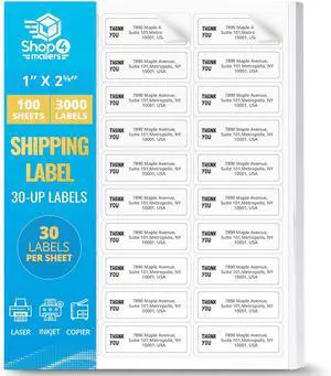 Shop4Mailers 30-Up White Permanent Self Adhesive Shipping Labels 1 x 2 5/8 Easy Peel Stickers for Laser & Inkjet Printers - 100 Sheets - 3,000 Count Labels Shop4Mailers 30-Up White Permanent Self Adhesive Shipping Labels 1 x 2 5/8 Easy Peel Stickers for Laser & Inkjet Printers - 100 Sheets - 3,000 Count Labels