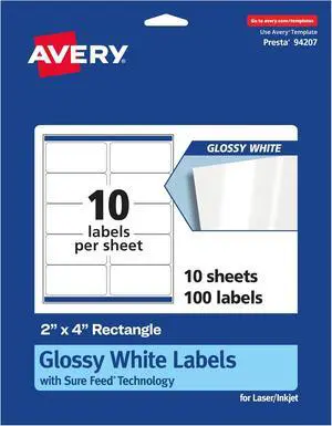 Avery Rectangle Labels, Sure Feed Technology, 2" x 4", 100 Glossy White Labels (36466) Avery Rectangle Labels, Sure Feed Technology, 2" x 4", 100 Glossy White Labels (36466)