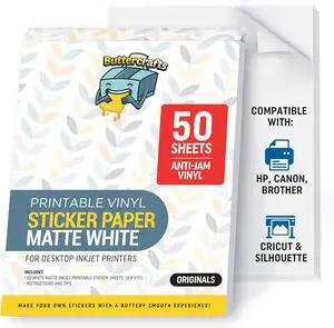 Matte Printable Vinyl Sticker Paper Waterproof 50 Sheets 8.5"x11", Inkjet Printer (HP, Canon, Brother Printers Compatible) - Weatherproof White Sticker Sheets - Strong Adhesive Matte Printable Vinyl Sticker Paper Waterproof 50 Sheets 8.5"x11", Inkjet Printer (HP, Canon, Brother Printers Compatible) - Weatherproof White Sticker Sheets - Strong Adhesive