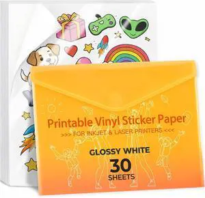 JANDJPACKAGING Printable Vinyl for Inkjet & Laser Printer - 30 Pack Printable Vinyl Sticker Paper Glossy White - Standard Letter Size 8.5"x11" JANDJPACKAGING Printable Vinyl for Inkjet & Laser Printer - 30 Pack Printable Vinyl Sticker Paper Glossy White - Standard Letter Size 8.5"x11"