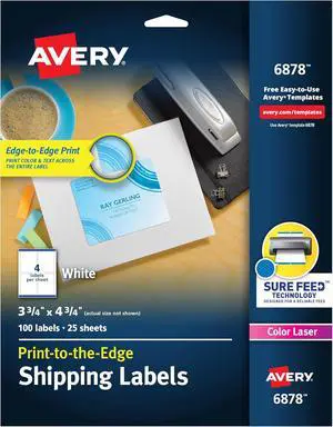 Avery Print-to-the-Edge Printable Shipping Labels, 3.75" x 7.75", Matte White, Sure Feed Technology, Laser & Inkjet Printer Compatible, 100 Blank Labels per Pack (5 Packs of 6878) Avery Print-to-the-Edge Printable Shipping Labels, 3.75" x 7.75", Matte White, Sure Feed Technology, Laser & Inkjet Printer Compatible, 100 Blank Labels per Pack (5 Packs of 6878)