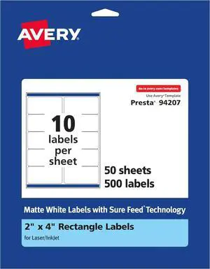 Avery Matte White Rectangle Labels, Sure Feed Technology, 2" x 4", 500 Matte White Printable Labels Avery Matte White Rectangle Labels, Sure Feed Technology, 2" x 4", 500 Matte White Printable Labels