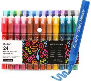 Grabie Glitter Markers, 24 Pack Medium Tip Acrylic Paint Makers for Canvas, Fabric, Rock Painting, Quick-Drying Water-Based Metallic Glitter Pens for Paper, DIY Crafts, Art Supplies for Kids & Adults Grabie Glitter Markers, 24 Pack Medium Tip Acrylic Paint Makers for Canvas, Fabric, Rock Painting, Quick-Drying Water-Based Metallic Glitter Pens for Paper, DIY Crafts, Art Supplies for Kids & Adults