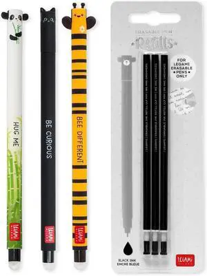 LEGAMI - Set of 3 Erasable Gel Pens + 3 Black Refills, with Thermosensitive Erase Ink, Range of ink colours & barrel designs, 0.7mm Tip, Cute Panda, Cat, & Bee Design LEGAMI - Set of 3 Erasable Gel Pens + 3 Black Refills, with Thermosensitive Erase Ink, Range of ink colours & barrel designs, 0.7mm Tip, Cute Panda, Cat, & Bee Design