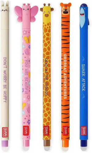 LEGAMI - Set of 5 Erasable Gel Pens with Thermosensitive Erase Ink, Range of ink colours & barrel designs, 0.7mm Tip, Bunny, Butterfly, Giraffe, Tiger, & Shark LEGAMI - Set of 5 Erasable Gel Pens with Thermosensitive Erase Ink, Range of ink colours & barrel designs, 0.7mm Tip, Bunny, Butterfly, Giraffe, Tiger, & Shark