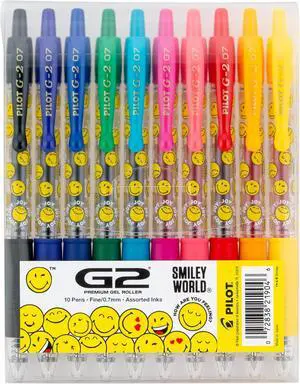 PILOT, G2 Premium Gel Roller Pens, G2 SmileyWorld Collection, Write Happier, 10 Pack Pouch, Fine Point 0.7 mm, Assorted PILOT, G2 Premium Gel Roller Pens, G2 SmileyWorld Collection, Write Happier, 10 Pack Pouch, Fine Point 0.7 mm, Assorted
