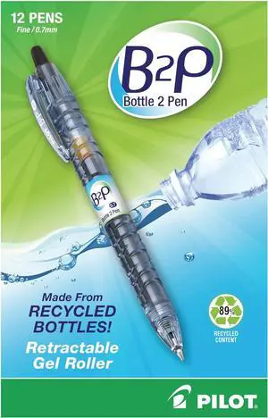 PilotBottle to Pen B2P Retractable Gel Pens, Fine Point, 0.7 mm, 89% Recycled, Translucent Barrel, Black Ink, Pack Of 12 PilotBottle to Pen B2P Retractable Gel Pens, Fine Point, 0.7 mm, 89% Recycled, Translucent Barrel, Black Ink, Pack Of 12
