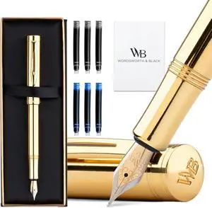 Wordsworth and Black Fountain Pen Mini EDC: Luxury Gold Heavy Pocket Pen, Gold Finish, Medium Nib, 6 Ink Cartridges, Ink Converter, Travel Refillable Writing Pen Gift Set, Men & Women Wordsworth and Black Fountain Pen Mini EDC: Luxury Gold Heavy Pocket Pen, Gold Finish, Medium Nib, 6 Ink Cartridges, Ink Converter, Travel Refillable Writing Pen Gift Set, Men & Women