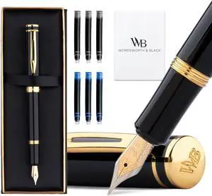 Wordsworth and Black Fountain Pen Mini EDC: Luxury Black Heavy Pocket Pen, Gold Finish, Medium Nib, 6 Ink Cartridges, Ink Converter, Travel Refillable Writing Pen Gift Set, Men & Women Wordsworth and Black Fountain Pen Mini EDC: Luxury Black Heavy Pocket Pen, Gold Finish, Medium Nib, 6 Ink Cartridges, Ink Converter, Travel Refillable Writing Pen Gift Set, Men & Women