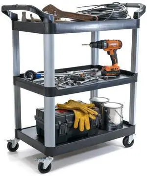 Commercial Heavy-Duty Utility Service Cart | 3 Shelf | | 450 Lbs Max Capacity | Rolling Utility Cart W 33" x H 37" x D 16" Black Commercial Heavy-Duty Utility Service Cart | 3 Shelf | | 450 Lbs Max Capacity | Rolling Utility Cart W 33" x H 37" x D 16" Black