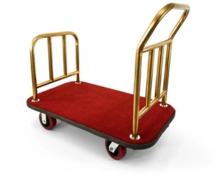 Heavy Duty Hotel Luggage Cart with Wheels, 41" x 25" Red Carpet Platform, Gold Stainless Steel Dual Handles, Commercial Bellman Luggage Trolley with Protective Bumper for Hotels & Resorts Heavy Duty Hotel Luggage Cart with Wheels, 41" x 25" Red Carpet Platform, Gold Stainless Steel Dual Handles, Commercial Bellman Luggage Trolley with Protective Bumper for Hotels & Resorts