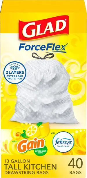 ForceFlex Tall Kitchen Drawstring Trash Bags, 13 Gal, Gain Lemon Zest, 40 Ct (Package May Vary) ForceFlex Tall Kitchen Drawstring Trash Bags, 13 Gal, Gain Lemon Zest, 40 Ct (Package May Vary)