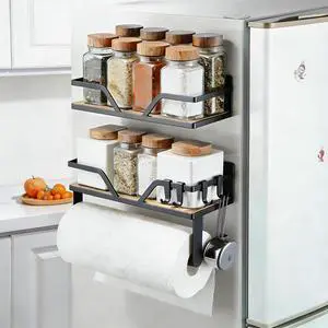 Magnetic Paper Towel Holder with Shelf, 2 Pack Kitchen Roll Holder with 4 Hooks, Farmhouse Spice Rack Organizer Strong Magnets for Fridge, Grill, Black Magnetic Paper Towel Holder with Shelf, 2 Pack Kitchen Roll Holder with 4 Hooks, Farmhouse Spice Rack Organizer Strong Magnets for Fridge, Grill, Black