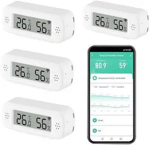 Smart Digital Thermometer Hygrometer, WiFi Indoor Temperature & Humidity Sensor for Home Use, Mini Humidity Monitor with App Remote Monitoring, Data Export, Compatible with Alexa. 4 PCS Smart Digital Thermometer Hygrometer, WiFi Indoor Temperature & Humidity Sensor for Home Use, Mini Humidity Monitor with App Remote Monitoring, Data Export, Compatible with Alexa. 4 PCS