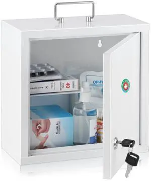 Locking Medicine Cabinet, Medication Lock Box with Key, Wall Mount Medical Cabinet for Safe Medication Storage, 10 * 4.7 * 10 Inch, White Locking Medicine Cabinet, Medication Lock Box with Key, Wall Mount Medical Cabinet for Safe Medication Storage, 10 * 4.7 * 10 Inch, White