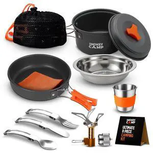 11 Pcs Backpacking Cooking Set with Stove & Adapter - Pot, Pan, Stove, Cutlery, Compact Camping Cookware Mess Kit for One Person, All in One Non-Stick Camping Cooking Set, Hiking, Picnic 11 Pcs Backpacking Cooking Set with Stove & Adapter - Pot, Pan, Stove, Cutlery, Compact Camping Cookware Mess Kit for One Person, All in One Non-Stick Camping Cooking Set, Hiking, Picnic