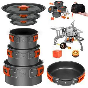 10 Pcs Backpacking Cooking Set with Stove & Adapter - 3 Pots Large Medium Small 1 Large Pan 1 Stove 1 Adpater, Compact Non-Stick Camping Cookware Mess Kit, All in One Hiking Picnic Outdoor 10 Pcs Backpacking Cooking Set with Stove & Adapter - 3 Pots Large Medium Small 1 Large Pan 1 Stove 1 Adpater, Compact Non-Stick Camping Cookware Mess Kit, All in One Hiking Picnic Outdoor
