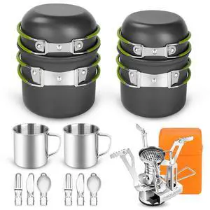16pcs Camping Cookware Mess Kit, Lightweight Pot Pan Mini Stove with 2 Cups, Fork Spoon Kits for Backpacking, Outdoor Camping Hiking and Picnic 16pcs Camping Cookware Mess Kit, Lightweight Pot Pan Mini Stove with 2 Cups, Fork Spoon Kits for Backpacking, Outdoor Camping Hiking and Picnic