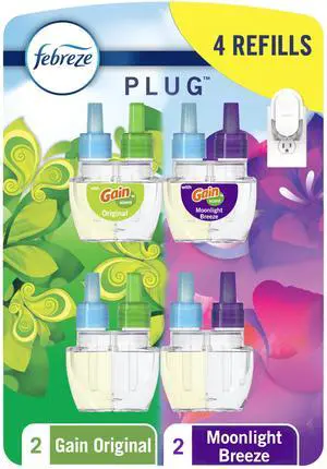 Febreze Plug In Air Freshener, Odor-Fighting Scented Oil Refill, For Home, Bathroom, & Kitchen, Long Lasting, Gain Moonlight Breeze and Gain Original Scents, 0.87oz Refills, 4 Count (2 of Each Scent) Febreze Plug In Air Freshener, Odor-Fighting Scented Oil Refill, For Home, Bathroom, & Kitchen, Long Lasting, Gain Moonlight Breeze and Gain Original Scents, 0.87oz Refills, 4 Count (2 of Each Scent)