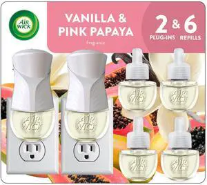 Air Wick Plug In Scented Oil Starter Kit, 2 Warmers + 6 Refills, Vanilla & Pink Papaya, Essential Oils, Air Freshener Air Wick Plug In Scented Oil Starter Kit, 2 Warmers + 6 Refills, Vanilla & Pink Papaya, Essential Oils, Air Freshener