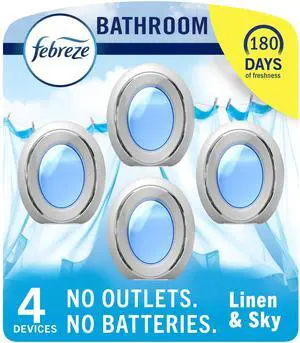 Febreze Bathroom Air Freshener Odor-Fighting for Small Spaces Scented Plug In Alternative Long-Lasting for Home and Bathroom and Kitchen Closet Air Fresheners, Linen & Sky Scent, 4 Count Febreze Bathroom Air Freshener Odor-Fighting for Small Spaces Scented Plug In Alternative Long-Lasting for Home and Bathroom and Kitchen Closet Air Fresheners, Linen & Sky Scent, 4 Count
