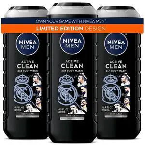 NIVEA MEN Real Madrid Limited Edition Design Active Clean Body Wash with Natural Charcoal for Normal to Oily Skin, 3-in-1 Charcoal Body Wash, Face and Hair, 16.9 Fl Oz Bottle, Pack of 3 NIVEA MEN Real Madrid Limited Edition Design Active Clean Body Wash with Natural Charcoal for Normal to Oily Skin, 3-in-1 Charcoal Body Wash, Face and Hair, 16.9 Fl Oz Bottle, Pack of 3