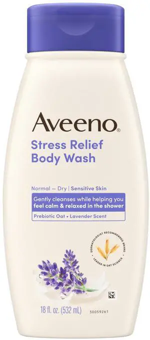 Aveeno Stress Relief Body Wash with Nourishing Oat & Lavender Scent for Sensitive Skin, Gently Cleanses & Helps You Feel Calm & Relaxed in the Shower, Soap-Free, 18 fl. oz Aveeno Stress Relief Body Wash with Nourishing Oat & Lavender Scent for Sensitive Skin, Gently Cleanses & Helps You Feel Calm & Relaxed in the Shower, Soap-Free, 18 fl. oz