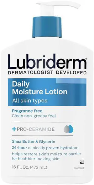 Fragrance Free Daily Moisture Lotion + Pro-Ceramide, Shea Butter & Glycerin, Face, Hand & Body Lotion for Sensitive Skin, Hydrating Lotion for Healthier-Looking Skin, 16 fl. oz Fragrance Free Daily Moisture Lotion + Pro-Ceramide, Shea Butter & Glycerin, Face, Hand & Body Lotion for Sensitive Skin, Hydrating Lotion for Healthier-Looking Skin, 16 fl. oz