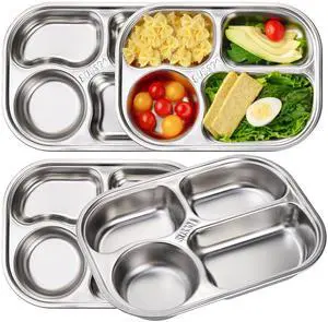 4 Pack 18/10 Stainless Steel Divided Plate, Small Child Plate with 4-Compartment, Portion Control Serving Platter, Mess Food Sectioned Tray for Dinner, Lunch, Cafeteria, Kids, Adult 4 Pack 18/10 Stainless Steel Divided Plate, Small Child Plate with 4-Compartment, Portion Control Serving Platter, Mess Food Sectioned Tray for Dinner, Lunch, Cafeteria, Kids, Adult