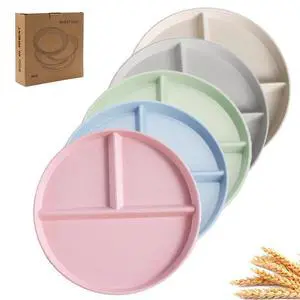 9" Unbreakable Divided Plates Set of 5, Wheat Straw Plate Reusable Dinnerware Portion Control Plates, Round Bariatric Plastic Plate for Kids Adults, BPA-free, Dishwasher Safe 9" Unbreakable Divided Plates Set of 5, Wheat Straw Plate Reusable Dinnerware Portion Control Plates, Round Bariatric Plastic Plate for Kids Adults, BPA-free, Dishwasher Safe