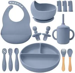 Silicone Baby Feeding Set 14 Pcs,Baby Led Weaning Supplies, Baby Spoons Suction Bowl Divided Plate Bib Cup Finger Brush,First Stage Solid Food Eating Utensils - 6+ Months(Blue Gray) Silicone Baby Feeding Set 14 Pcs,Baby Led Weaning Supplies, Baby Spoons Suction Bowl Divided Plate Bib Cup Finger Brush,First Stage Solid Food Eating Utensils - 6+ Months(Blue Gray)