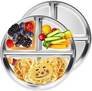 Stainless Steel Kids Plates 2 Packs, 9" Toddlers Divided Plates, Portion Control Plate for Bariatric Adults, Non Toxic Unbreakable Baby Dinner Dishes, 304 Metal Camping Food Tray Stainless Steel Kids Plates 2 Packs, 9" Toddlers Divided Plates, Portion Control Plate for Bariatric Adults, Non Toxic Unbreakable Baby Dinner Dishes, 304 Metal Camping Food Tray