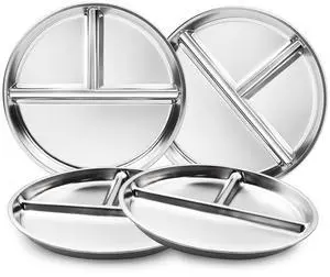 Stainless Steel Kids Plates Set of 4, 9" Portion Control Plates Divided Plate for Adults Toddlers Balance Lunch, Bariatric & Diabetic Diet, Non Toxic Camping Metal Snack Plate for Eating Stainless Steel Kids Plates Set of 4, 9" Portion Control Plates Divided Plate for Adults Toddlers Balance Lunch, Bariatric & Diabetic Diet, Non Toxic Camping Metal Snack Plate for Eating