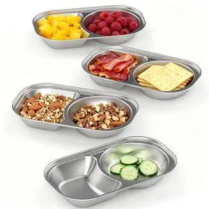Stainless Steel Toddler Plates Set of 4, 2-compartment Kids Plates for Snack Portion Control, Small Divided Plate for Baby Feeding & Adults Camping, Non-toxic Dishwasher Safe Metal Dish Stainless Steel Toddler Plates Set of 4, 2-compartment Kids Plates for Snack Portion Control, Small Divided Plate for Baby Feeding & Adults Camping, Non-toxic Dishwasher Safe Metal Dish