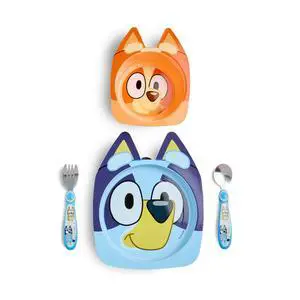 Bluey Kids Dinnerware Set - Includes Bluey Suction Plate, Bingo Suction Bowl, and Stainless Steel Toddler Silverware - Toddler and Baby Feeding Essentials - 4 Count Bluey Kids Dinnerware Set - Includes Bluey Suction Plate, Bingo Suction Bowl, and Stainless Steel Toddler Silverware - Toddler and Baby Feeding Essentials - 4 Count