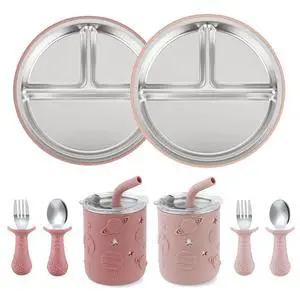 Stainless Steel Baby Feeding Set | 2 Divided Suction Plates, 2 Spill-Proof Straw Cups with Silicone Sleeves, 2 Forks & 2 Spoons | Toddler Utensils for Baby Led Weaning, BPA-Free (Pink) Stainless Steel Baby Feeding Set | 2 Divided Suction Plates, 2 Spill-Proof Straw Cups with Silicone Sleeves, 2 Forks & 2 Spoons | Toddler Utensils for Baby Led Weaning, BPA-Free (Pink)