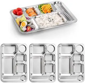 4 Pack Stainless Steel Rectangular Divided Dinner Tray, 6 Sections Stainless steel Metal Plate for Adults, Picky Eaters, Campers, and Portion Control 4 Pack Stainless Steel Rectangular Divided Dinner Tray, 6 Sections Stainless steel Metal Plate for Adults, Picky Eaters, Campers, and Portion Control