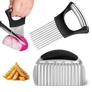 Stainless Steel Onion Holder for Slicing & Crinkle Cutter - Onion Slicer Holder, French Fry Cutter, Vegetable Cutter for Potatoes, Lemon, Tomatoes - Multi-Use Kitchen Gadgets with Ergonomic Handle Stainless Steel Onion Holder for Slicing & Crinkle Cutter - Onion Slicer Holder, French Fry Cutter, Vegetable Cutter for Potatoes, Lemon, Tomatoes - Multi-Use Kitchen Gadgets with Ergonomic Handle