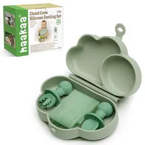 Cloud Crew Silicone Travel Baby Feeding Set with Foldable Suction Baby Plate, Silicone Bib, Baby Spoon and Fork, Waterproof Travel Bag, 6M+ Cloud Crew Silicone Travel Baby Feeding Set with Foldable Suction Baby Plate, Silicone Bib, Baby Spoon and Fork, Waterproof Travel Bag, 6M+