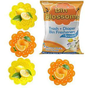 Bin Blossoms: New & Improved Peel & Stick Air Freshener (4-Pack) Citrus Fresh Trash Can Deodorizer, Diaper Pail Odor Neutralizer, Garbage Bin Odor Control for Lid or Base Bin Blossoms: New & Improved Peel & Stick Air Freshener (4-Pack) Citrus Fresh Trash Can Deodorizer, Diaper Pail Odor Neutralizer, Garbage Bin Odor Control for Lid or Base