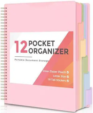 12 Pocket Organizer, Spiral Multi Pocket Folder with Dividers, Pink Organize Notebook 12 Pocket Organizer, Spiral Multi Pocket Folder with Dividers, Pink Organize Notebook