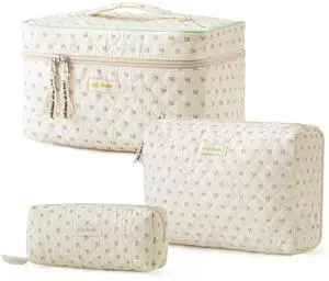 Quilted Makeup Bag, 3PCS Cotton Large Travel Makeup Bag, Cute Floral Coquette Make up Bag Cosmetic Bag Toiletry Bag for Women Girls Quilted Makeup Bag, 3PCS Cotton Large Travel Makeup Bag, Cute Floral Coquette Make up Bag Cosmetic Bag Toiletry Bag for Women Girls